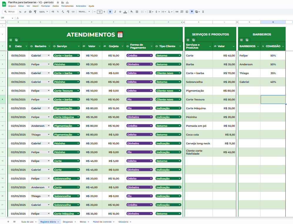 Tela planilha BARBEARIA