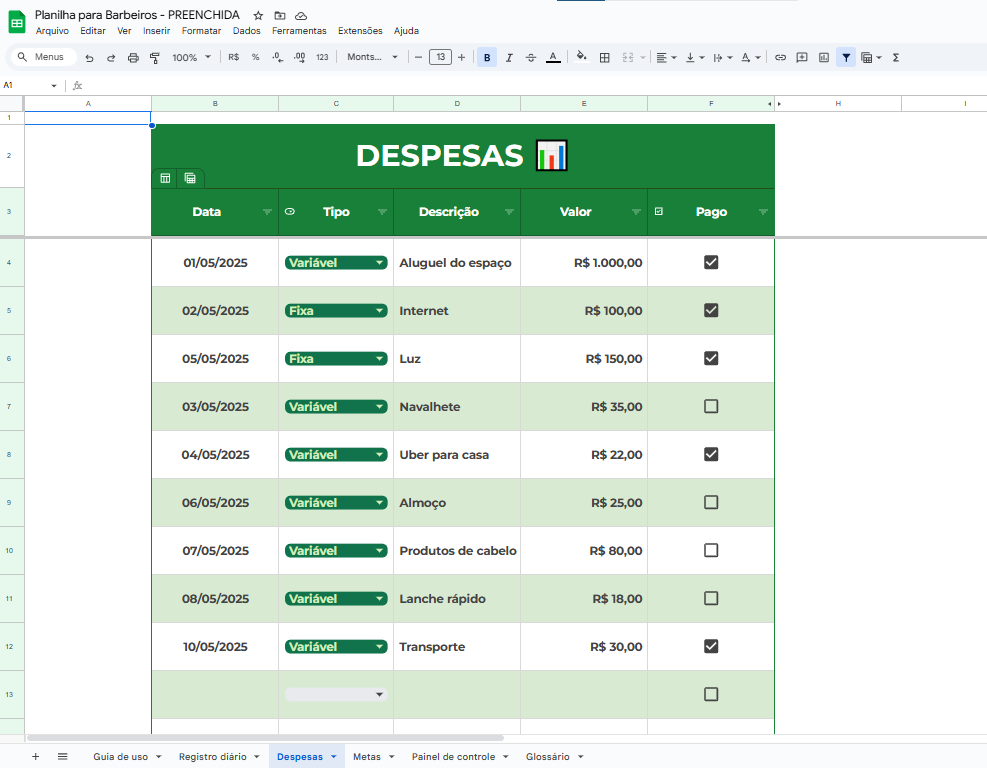Tela planilha BARBEIRO 2