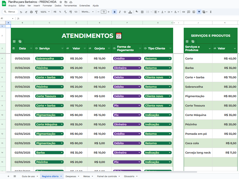 Tela planilha BARBEIRO