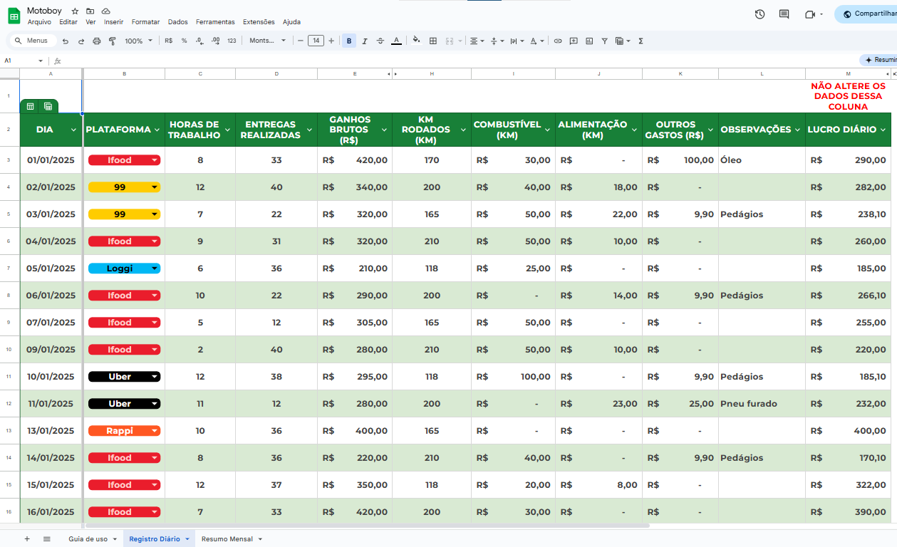 Tela planilha MOTOBOY