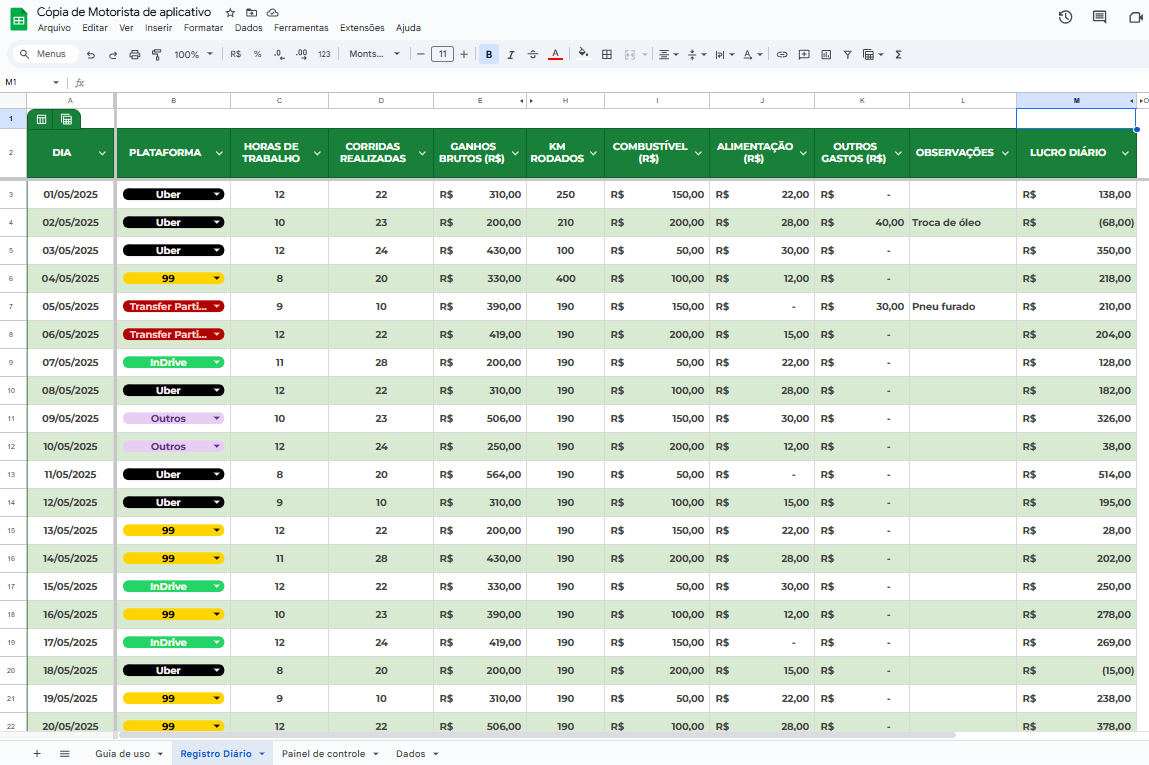 Tela planilha MOTORISTA 2