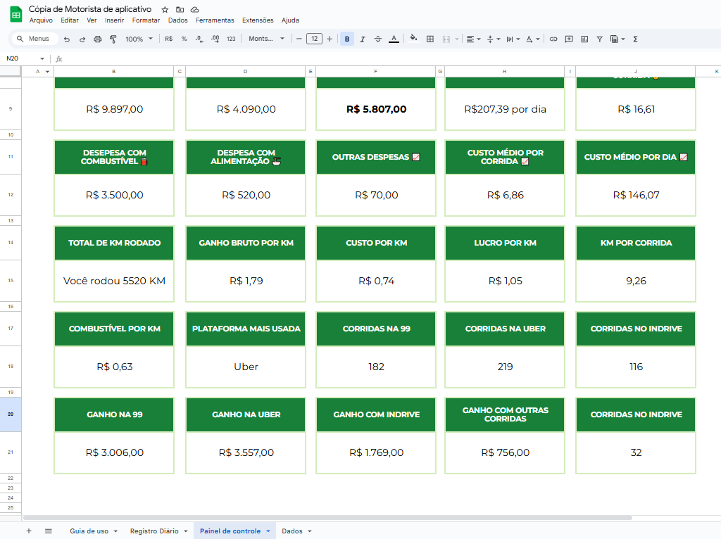 Tela planilha MOTORISTA 3
