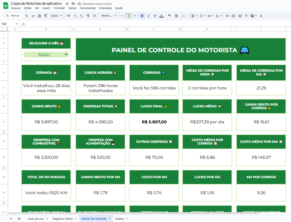 Tela planilha MOTORISTA