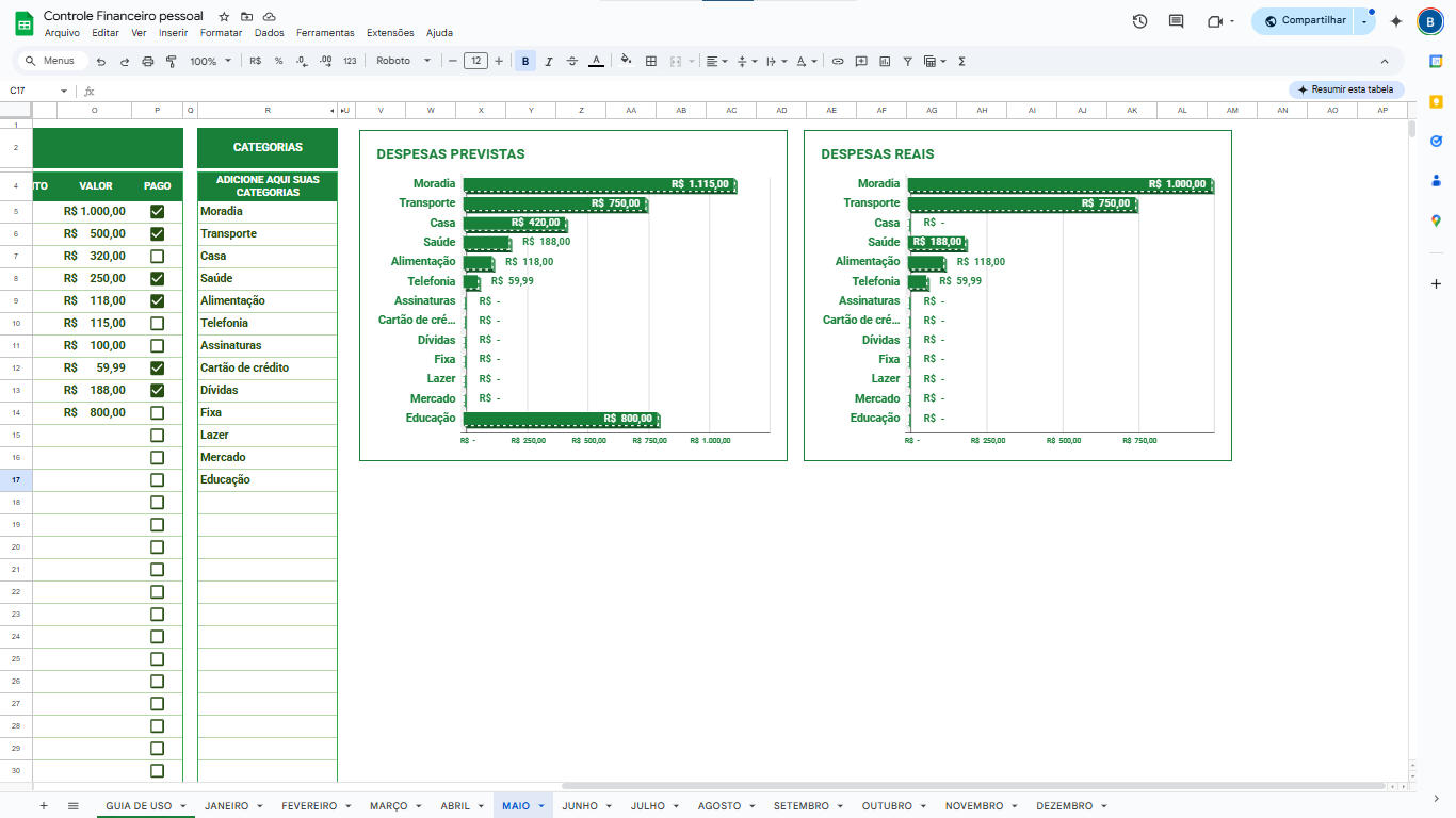 Tela planilha financeira 2