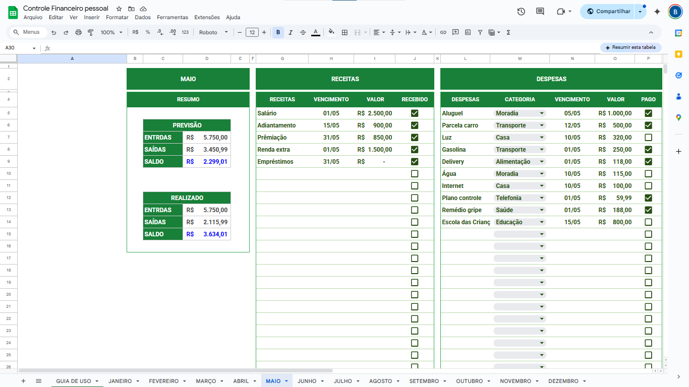 Tela planilha financeira 3