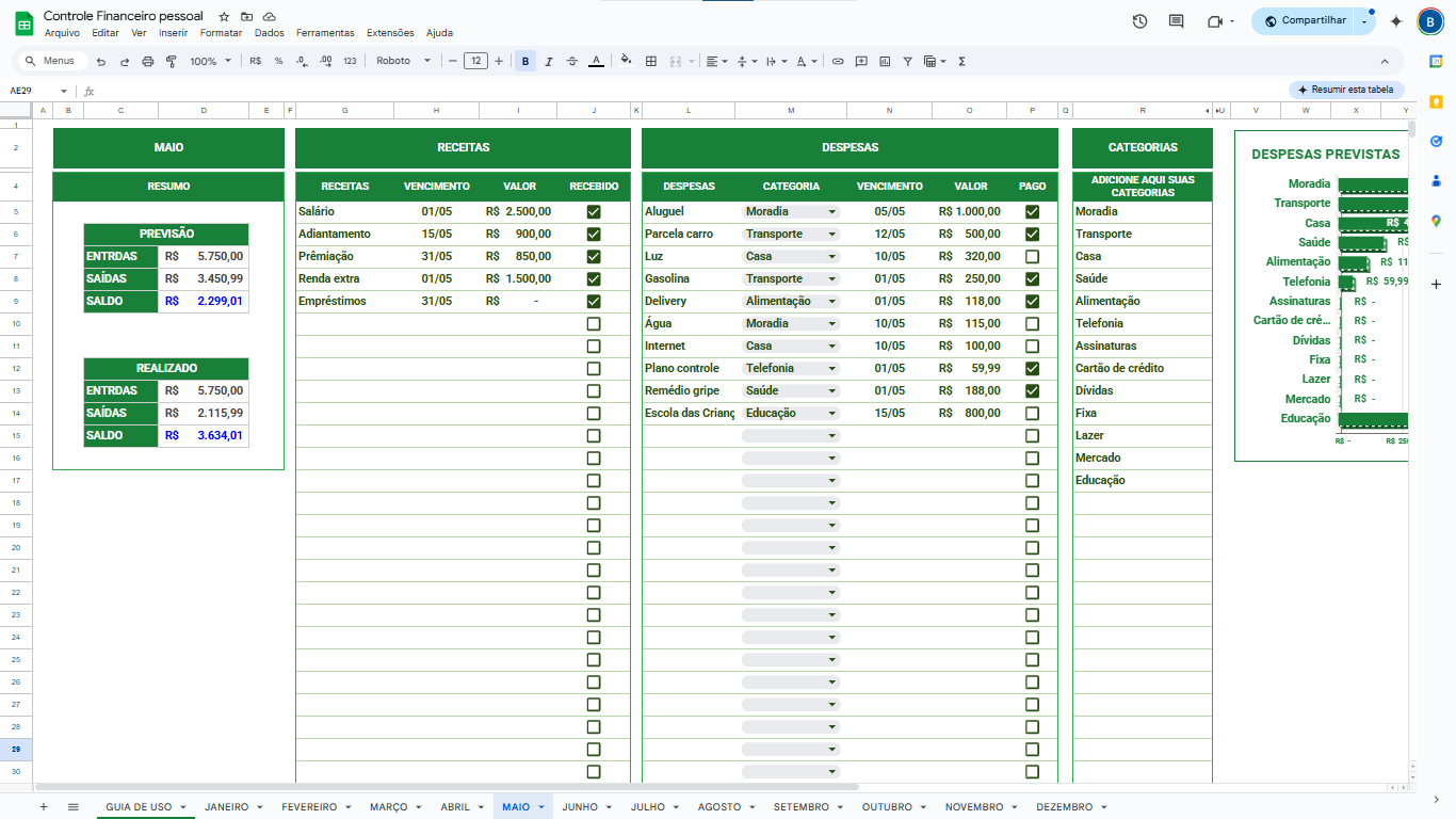 Tela planilha financeira